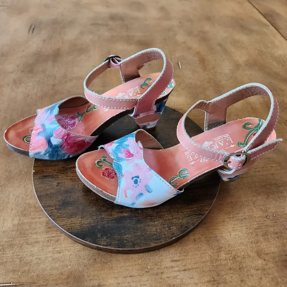 L'Artiste Spring Step Mauri Floral Sandals 37 Warm Orange Leather Hand Painted - Picture 7 of 16